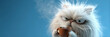 © Alberto Masnovo - Portrait of a fluffy white Persian cat with very messy fur, with a sleepy and grumpy look holds a steaming coffee cup on blue background with copy space. Caffeine-themed humor. Generative Ai.