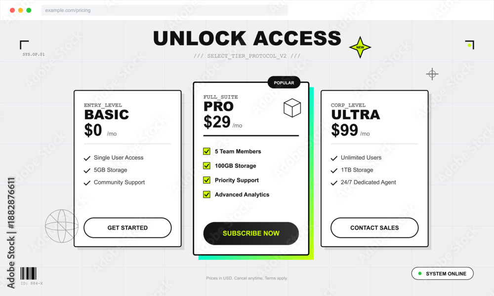 Three Subscription A screen shows three subscription plans for a service. Each plan has ...