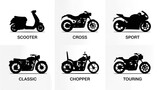 Vector illustration set of sport bicycle and motocross bike silhouettes featuring extreme stunts, racing motorbikes, and cycling riders with wheels