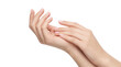 © Vitalo4ok - Elegant female hands touching forearm gently, symbolizing skincare and beauty, isolated on transparent background.