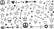 © MstLinaAkter - Hand drawn doodle symbol set with arrows hearts stars skulls crowns peace signs and decorative sketch elements