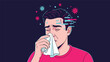 © wiwa - Man blowing nose with tissue, feeling sick with virus particles floating around his head