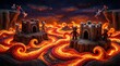 © Margarita Ratatosk - Knitted hell scene with devil figures and souls falling into a lava river. Biblical Christian story for child, representation of eternal punishment concept.