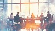 © MAGNIFIER - Watercolor illustration of modern business team collaborating in bright office sunlight open desks laptops coffee cups soft textures optimistic mood clean corporate style