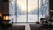 © YuniarAI - Cozy living room with modern fireplace and snowy winter landscape view through large windows