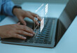 © Kanokwan - Businessman hand typing purchase order document on laptop and virtual interface screens, digital e-commerce checkout concept shopping order management online payment, retail technology user experience