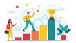 © MstRashida - Illustration of man climbing colorful steps toward trophy with support and progress icons