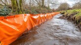 Orange emergency flood barriers are being deployed along a river bank to protect against rising water levels and potential flooding