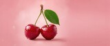 Pair of perfect sweet cherries with leaf against a plain background