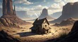 © Hungarian - Stone desert dwelling sits isolated amidst vast canyon landscape under bright daytime sky