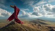 © Anca - A symbolic image of a wooden cross on a hilltop, draped with a flowing red cloth against a backdrop of a cloudy sky and rolling hills. ..Created with Generative AI, not depicting real subjects.
