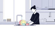 © Jonmart - Woman washing dishes in kitchen sink modern home domestic chores daily routine healthy lifestyle clean environment household task routine maintenance