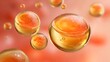 © NawManusia - Close-up view of numerous golden-orange translucent spherical droplets with internal textures, floating against a soft reddish background, suggesting microscopic biological or chemical elements.