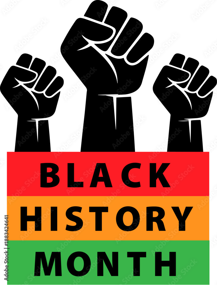 Black History Month awareness banner with raised fists and Pan-African ...