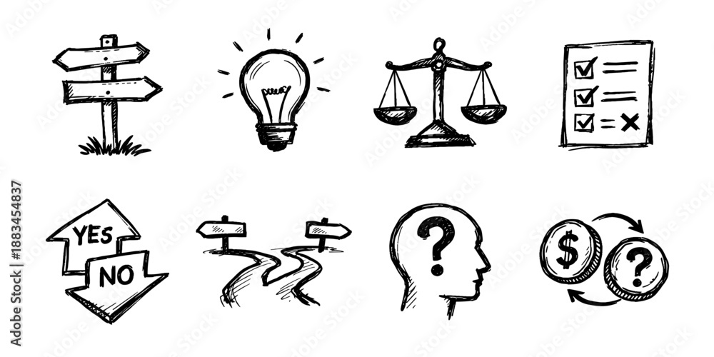 Decision making sketch icon collection in black. Set of direction signs, idea bulb, balance scale, checklist, choice arrows and question icons in doodle style
