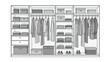 © Maja - Systematic walk-in closet organization illustration showing various clothes hanging and neatly stacked on shelves with storage boxes.