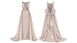 © Raisya - Sophisticated gown illustration featuring front and back views, highlighting a refined wrap bodice and an elaborate bow detail on the cascading train
