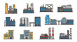 © Satriyo - Industrial Complex Concept Flat design illustrations of diverse factory buildings, power plants, and manufacturing facilities, representing modern industrial infrastructure