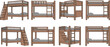 © Tanzila - Wooden bunk bed design set — eight illustrated configurations with ladders, stairs, guardrails, and support beams for furniture catalogs and interior planning.