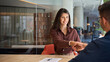 © Stock 4 You - Young indian or european bank worker woman shaking hand with client hr manager welcome recruit employee. Middle eastern arab businesswoman showing greeting after signing contract with business partner