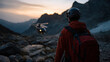 © Laura - Faceless man in red orange jacket mountain rescue paramedic walking over rocky terrain in evening, helicopter behind, alpine emergency scene, with copy space