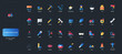 © Iconic Prototype - Gradient flat style icons set with construction machinery, safety gear, tools, and building materials on dark UI background vector illustration for industry, engineering, and architecture.
