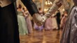 © Kristina - Closeup of elegant couple holding hands at Regency ball in historical costumes and white gloves