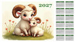 © TKalinovskaya - Calendar for 2027 year with beautiful white mother sheep and lamb in flower meadow in english with american holidays and weekend days.Paper sheet with horizontal layout for typographic printing.