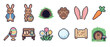 © Vlad - Pixel art Easter bunny icon set with cute characters, decorated eggs, a carrot, and a burrow home in a retro 8-bit video game style for a spring holiday celebration