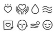 © Fortune228 - Icons of Comfort. Emotional Daily Comfort set in outline vector style: glowing heart, supportive hands, soothing droplet, comfort wave, gratitude note, calm breath icon, gentle breeze, warm smile
