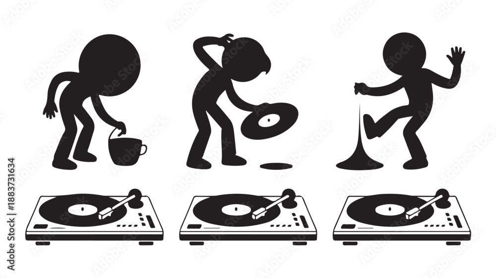 DJ Accidents with Turntables and Vinyl Records in Humorous Clumsy Destructive Cartoon Silhouette Black and White Graphic Vector Illustration for Music Mishaps and Technical Difficulties.
