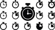 © Rawzatun - A comprehensive collection of black and white stopwatch icons showing different time intervals and clock faces on a white background