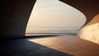 © faki - Architectural composition with curved concrete walls opening to a tranquil seascape, bathed in warm sunlight