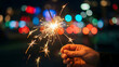 © Ky - Close-up on hand holding a burning sparkler golden sparks flying in slow motion