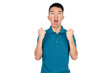 © fotolite - An Asian teenager shouts with excitement while raising both clenched fists in celebration against a white background, ideal for victory, triumph, or passionate enthusiasm concepts.