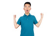 © fotolite - An Asian teenager shouts with excitement while raising both fists in a victorious gesture against a white background, ideal for winning, achievement, or triumphant celebration concepts.