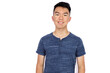© fotolite - An Asian teenager smiles warmly at the camera, wearing a blue shirt against a white background, ideal for casual portrait, student profile, or youth lifestyle concepts.