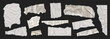 © A_Y_N - Torn newspaper vector bundle features white, texture. Kit of cut pieces, note scraps, tear strip shapes overlay teture for collage. Blank sheet piece bundle on like transparent png bg