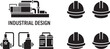 © NUR - Black industrial equipment and safety hard hats on white background machinery pump