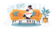 © meeblues - Vector illustration of an Indian mother and child relaxing together on a sofa, showing peaceful family bonding and warm everyday life in flat modern vector art