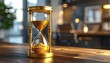 © ruangrit19 - Hourglass on Wooden Table Capturing Time Flowing with Golden Sand Amidst Blurred Background For Wellness Concepts.