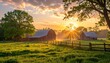 © wanna - A summer sunset glows over an old abandoned barn and rural cottage nestled in a green grass meadow within a scenic countryside landscape of agriculture fields under a cloudy blue sky