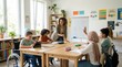 © PureVisualsFrame - Inclusive classroom teaching scene with diverse students and a teacher collaborating around a learning table, using tablets and a whiteboard to explore science and projects