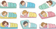 © Sanjida - Sleeping child positions vector illustration set showing kids resting in different poses, bedtime routine, healthy sleep habits and comfort concept in cute cartoon style isolated