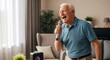 © Margarita Ratatosk - Senior man singing karaoke with microphone at home. Celebrating active retirement and fun hobby. Elderly lifestyle, entertainment, and leisure.