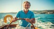© Margarita Ratatosk - Man sailing on yacht. Smiling mature man enjoying active recreation. Happy retirement, summer vacation concept.