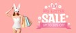 © Pixel-Shot - Banner for Easter sale with sexy young woman in underwear and mask holding shopping bags