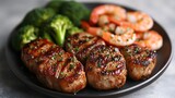 Grilled medallions of meat are served with steamed greens and cooked crustaceans on a dark plate.