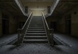 © Katherina - Decaying central staircase inside a vast, derelict institutional building, featuring broken concrete steps and heavy dust motes in the dim light, forgotten, decay, staircase