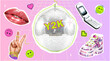 © Aleksa Boo - Y2K Aesthetic Collage Set with Retro 2000s Elements: Disco Ball, Flip Phone, and Fashion Accessories
